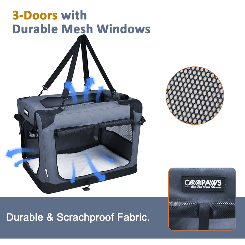 JESPET Soft Pet Crates Kennel, 3 Door Soft Sided Folding Travel Pet Carrier with Straps and Fleece Mat