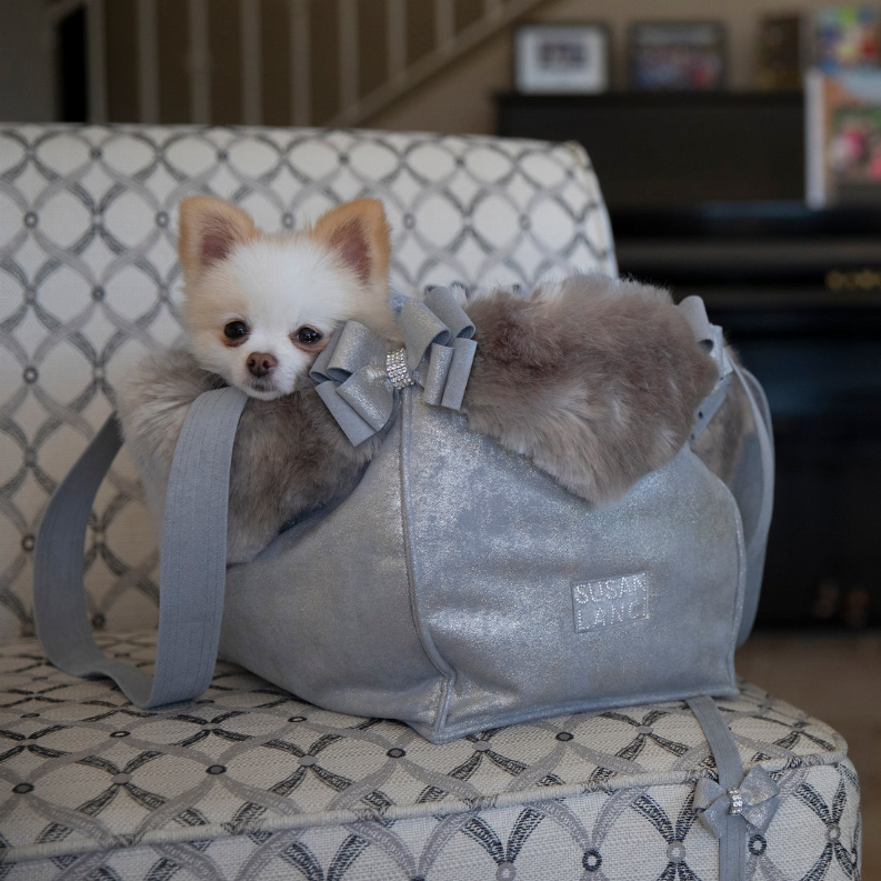 Susan Lanci Designs | Platinum Glitzerati Double Nouveau Bow Luxury Carrier with Fur Trim